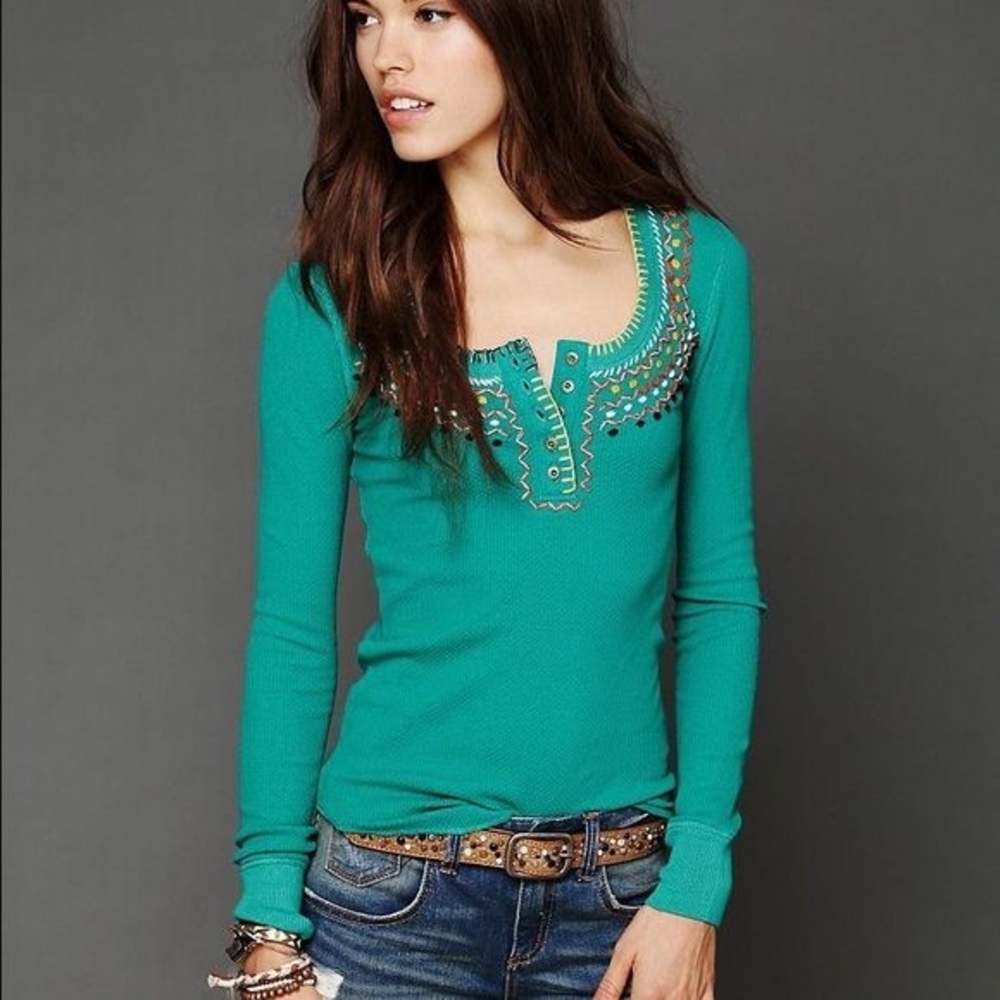 Free People teal embroidered thermal long sleeve